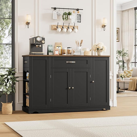 HOSTACK Kitchen Island Cart with Storage, 47'' Kitchen Storage Island on Wheels with 2 Drawers, Rolling Island Table with Adjustable Shelves, Mobile Buffet Sideboard Cabinet for Dining Room, Black