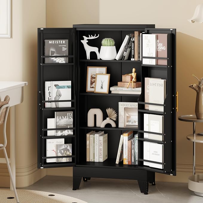 PAOFIN 47" Kitchen Pantry Cabinet, Metal Storage Cabinet with 3 Adjustable Layer Shelves, 8 Door Shelves, Buffet Sideboard for Living Room, Kitchen, Black