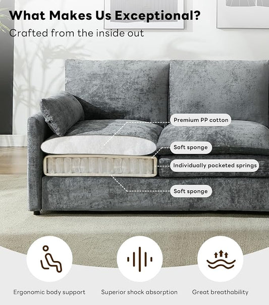 Iroomy Loveseat & 3 Seater, Chenille Cloud Couch, Modern Sofa, Comfy Plush Thick Cushions, Pocket Springs, Cloud-Like Comfort Sofas, Living Room Furniture Sets, Gray