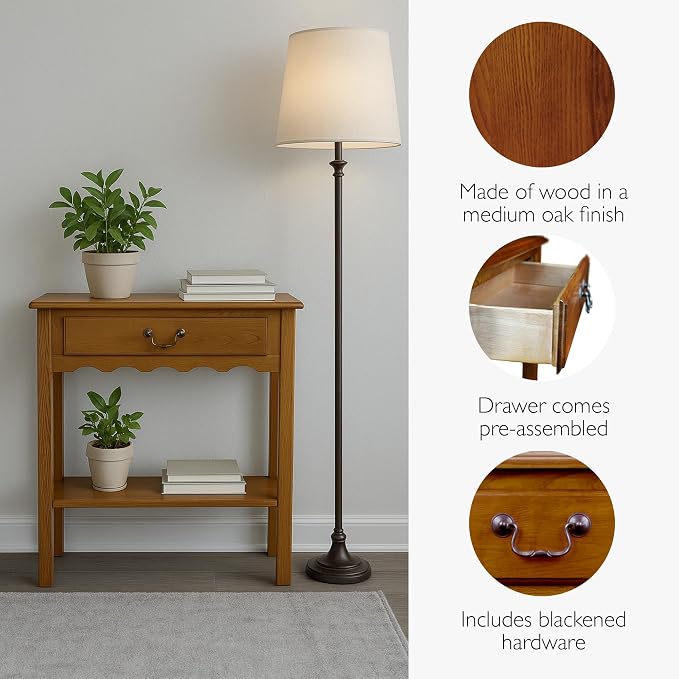 Leick Home Wave Console Table, Solid Wood, with Drawer, for Entryways, Hallways, and Living Rooms, Medium Oak, 9021-MED