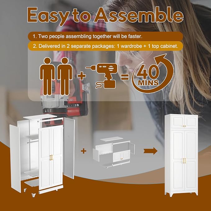 UNICOLY 86.6" Amoire Wardrobe Closet, 71" Wardrobe Cabinet with 15.74" Cabinet, Metal Closets with Hanging Rod for Bedroom School, Employee, Gym, Armarios De Ropa para Domitorio, White