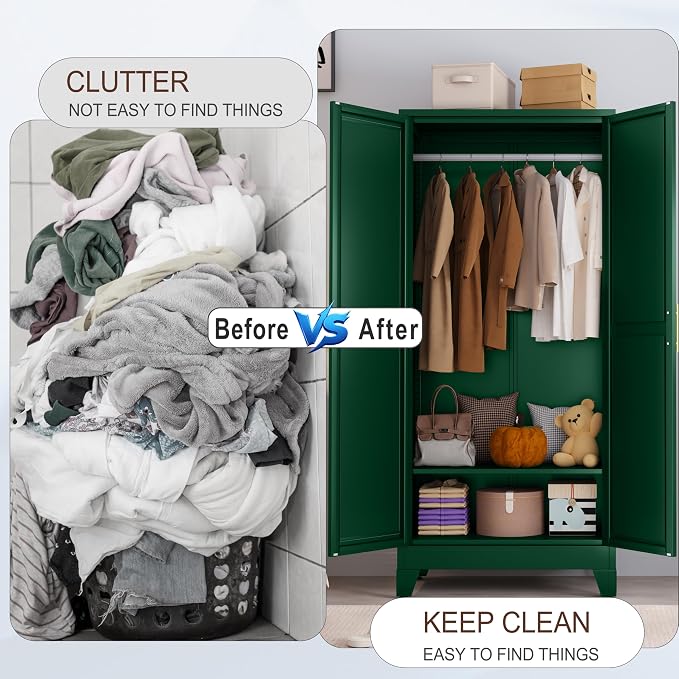 71" Metal Armoire Wardrobe Closet, Steel Clothing Storage Cabinet with Mirror and Adjustable Shelves, Household Steel Wardrobes Storage Cabinet with Adjustable Standing Feet and Hanging Rod(Green)