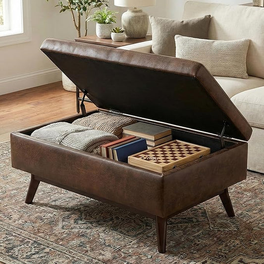 SIMPLIHOME Owen Coffee Table Storage Ottoman - 34" Wide x 19" High Upholstered Vegan Leather Rectangular Lift-Top Ottoman in Distressed Chestnut Brown, Mid-Century Modern Bench with Tapered Legs