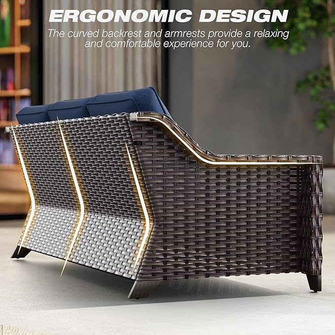 Joyside Patio Furniture Set, 3 Pieces Outdoor Wicker High Back Sofa with Ottoman and Comfy Cushions, Upgraded Large Size, All Weather High Back Conversation Set, (Brown/Blue)