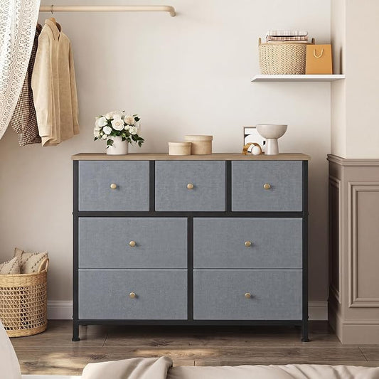 OLIXIS 7 Drawer Dresser for Bedroom, Tall Fabric Storage Tower with Sturdy Steel Frame and Wooden Top, Large Dresser for Living Room Entryway with Easy Pull Fabric Bins, Gray Blue