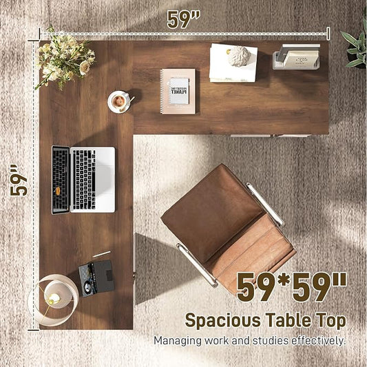 Vabches Farmhouse L Shaped Executive Desk with 6 Drawers, 59’’ Wood Home Office Desk with File Cabinet, Writing Corner Computer Desk for Home Office, Work, Study, White and Brown