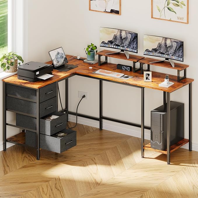 Korfile 59 inch L Shaped Computer Desk with Power Outlets, Home Office Desk with 4 Adjustable Storage Drawers & 2 Monitor Stands, Two Person Gaming Table for Bedroom, Rustic Brown
