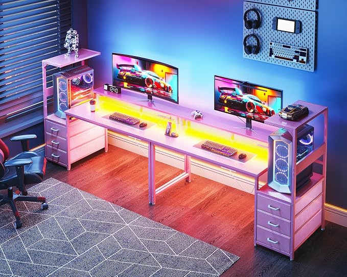 AODK 59 Inch Gaming Desk with USB Charging Ports & LED Light- Reversible Computer Desk with Storage Shelves & Monitor Stand, Modern Gamer Desk Table with Fabric Drawers, Pink