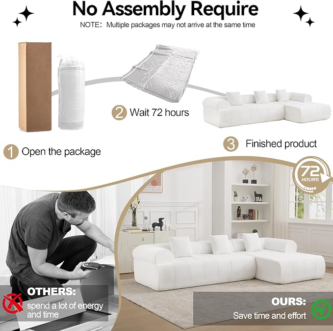 119'' Curved Boneless Sofa Couch, 3 Seat Cloud L Shaped Deep Seat Couches for Living Room, No Assembly Modular Sofa with Right Chaise Lounge, White