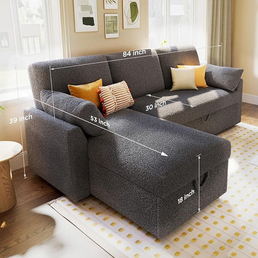 PaPaJet Sofa Bed, Sleeper Sofa with Storage Chaise, L Shaped Sofa with Pull Out Bed, Oversized Sofas for Living Room-Dark Gray Boucle