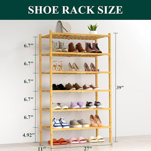 Smiry Bamboo Shoe Rack, 6 Tier Free Standing Wooden Shoe Organizer, Stackable Wood Shoe Storage Shelf for Closet, Entryway, 14 Vertical Slats, 2+2+2 Stack Heavy-Duty Legs, 26.8"x11"x39", Natural