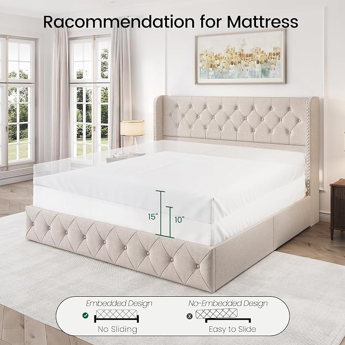 LARMACE King Size Bed Frame with 4 Storage Drawers and 47.2" Tall Tufted Headboard Linen Upholstered Platform Bed Frame Wingback Beds with Wooden Slats Support, Easy Assembly, Beige