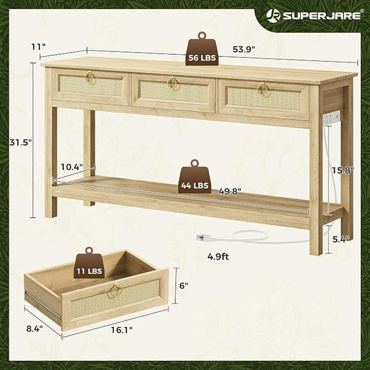 SUPERJARE Rattan Console Sofa Table with Outlets and USB-C Port, 3 Drawer Entryway Table with Synthetic Rattan Surface, 53.9 Inch, Open Shelf, Behind Couch Entry Foyer Hallway Storage, Natural