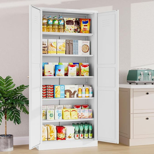SISESOL 71" Tall Pantry Cabinet with 2 Doors and 5 Shelves,Kitchen Pantry Storage Cabinets,White Metal Storage Cabinet,Wide Deep Food Cupboard for Home,Kitchen,Dining/Living Room