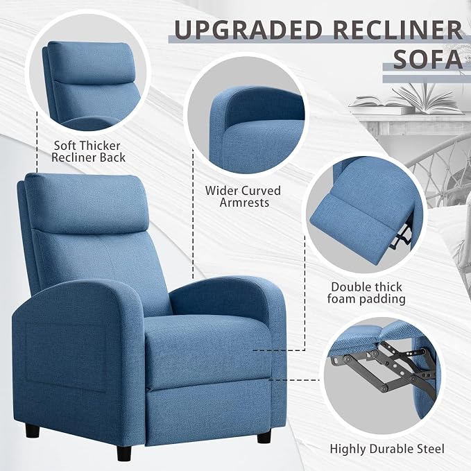 JUMMICO Recliner Chair Adjustable Home Theater Single Recliner Sofa Furniture with Thick Seat Cushion and Backrest Modern Living Room Recliners (Fabric, Light Blue)
