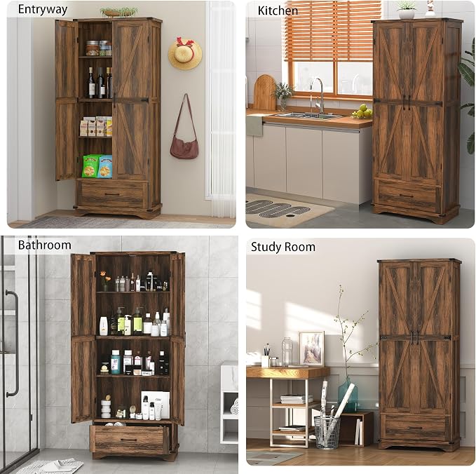 71" Farmhouse Kitchen Pantry Storage Cabinet with Drawer & 2 Barn Doors, Freestanding Cupboard with Adjustable Shelves, Modern Floor Cabinet for Kitchen, Dining Room, Living Room, Bathroom, Brown
