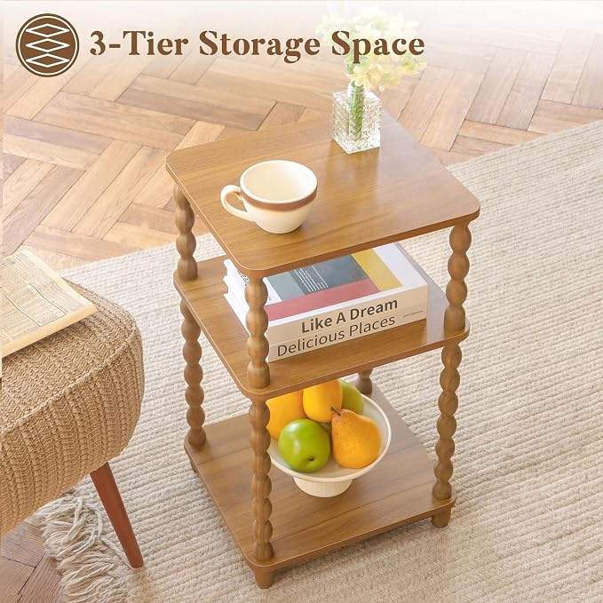 Fultyle End Table, Small Side Table with 3 Tier Open Shelf, Modern Night Stand Accent Table for Small Spaces, Living Room and Office (Caramel Tan)