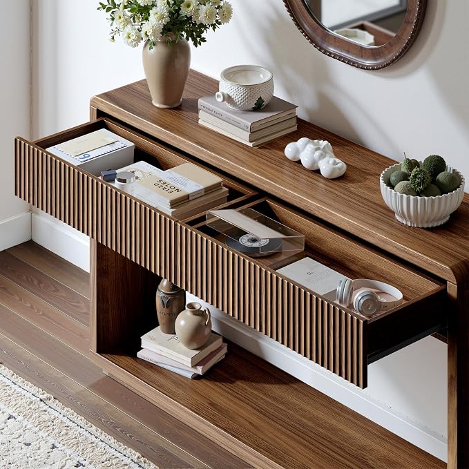 Evermagin 59'' Walnut Entryway Table with Drawers, Fluted Console Table, Mid Century Modern Sofa Table with Storage for Living Room, Entrance, Hallway