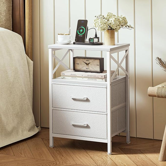 Huuger Nightstands Set of 2, Night Stand with Charger Station, 2 Drawer Side Table with Open Shelf, USB-C Port, End Table for Small Spaces, X Shaped Side Rail, White