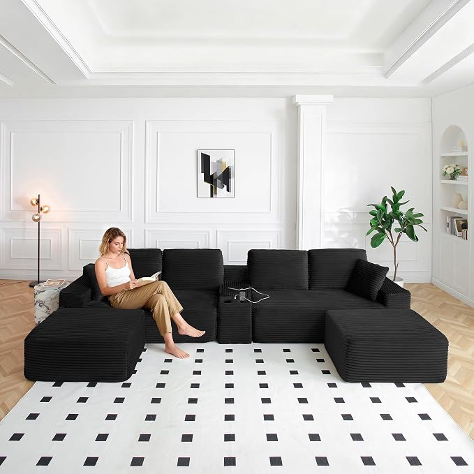 ivoros 150 Inch Modular Sectional Sofa Couch, Oversized Modern Cloud Couch for Living Room, U Shape Couches with 2 Ottomans, USB Ports and Cup Holders, Black Corduroy Boneless Sofas, Sofa in a Box