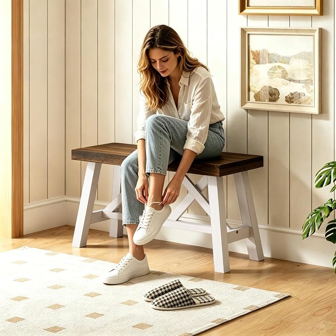 Wnutrees 30" Farmhouse Wood Bench, Rustic Solid Wood Entryway Bench Seat with Double X-Structure for Dining Area Living Room Hallway, Structural Stability, White