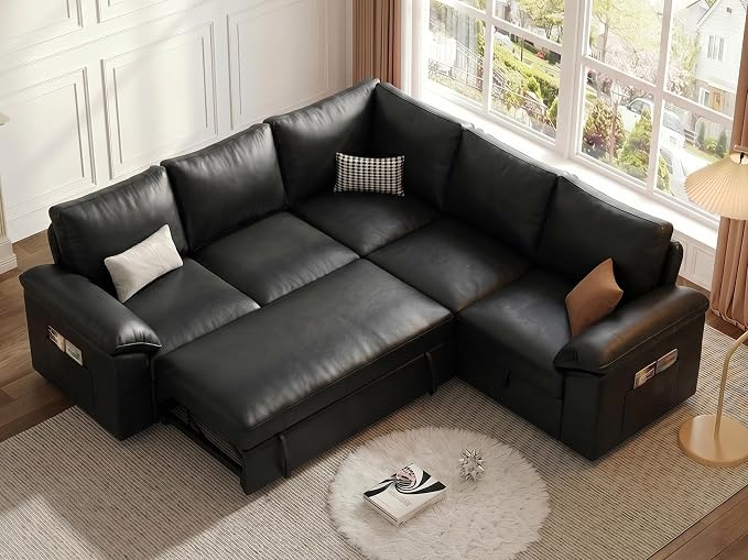 85 Inch Faux Leather Modular Sectional Sofa with Pull Out Bed, L Shaped 5 Seat Sectional Sleeper Sofa with Storage, Sectional Couches for Living Room, Cloud Modular Couch,Black Leather
