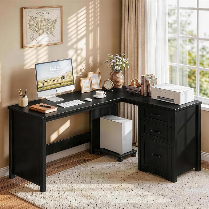 Vabches 61”Farmhouse L Shaped Executive Desk with File Drawers, Corner Computer Desk with Mobile CPU Stand, Wood Writing Computer Desk for Work, Study.Pure Black