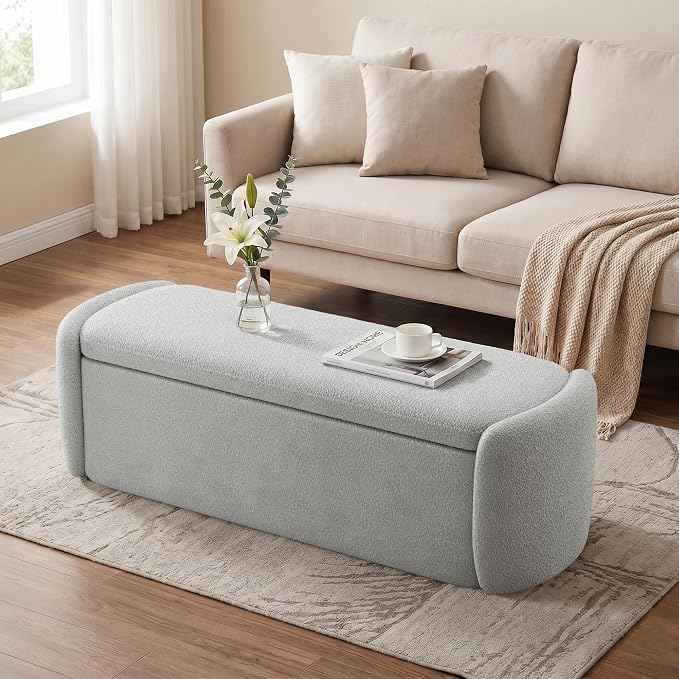 VKNOW 51" Storage Ottoman Bench, Upholstered End of Bed Bench with Smooth Hinges, Oval Large Ottoman Bench for Bedroom, Living Room and Hallway Entryway, Grey