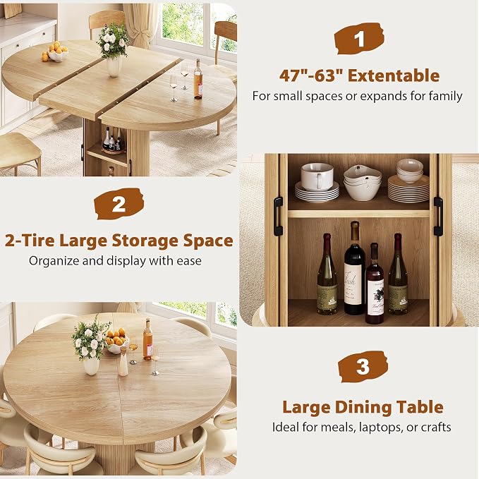 Jocoevol 47β³β63β³ Extendable Round Dining Table for 4β8 with Dust-Proof 2-Tier Storage Shelf Space-Saving Expandable Dining Room Table Wood Oval Circle Dining Table with Pedestal Base (Natural)