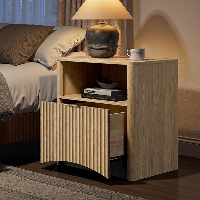 Evermagin 3-Piece Bedroom Furniture Set for Bedroom, 55" Wide Fluted 6-Drawer Dresser with 2 Nightstands, Mid-Century Modern Dresser and Nightstand Set (Natural)