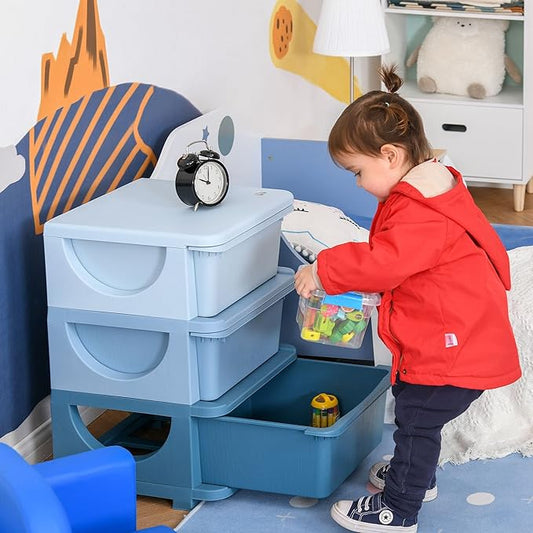 Qaba 3 Drawers Kids Storage Unit, 3 Tier Stackable Toy Organizers and Storage Chest for Bedroom, Nursery, Playroom, Living Room, Boys, Girls, Toddlers, Blue