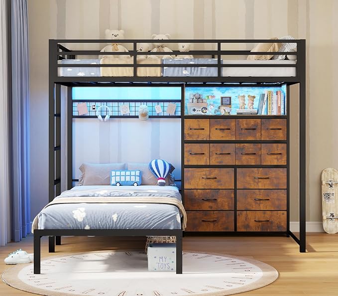 BTHFST Bunk Bed Twin Over Twin with 14 Storage Drawers & Bookshelf, Twin Bunk Beds with RGB LED Lights & Metal Grid Panel, Metal Bunk Beds with Safety Guardrails & Ladder for Kids, Rustic Brown