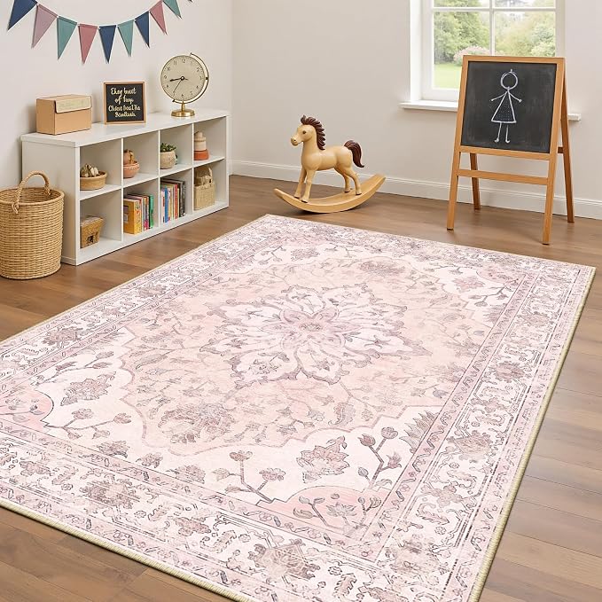 RELEANY Area Rugs 4'x6' Washable Non-Slip, Floral Vintage Distress Medallion Carpet for Living Room Bedroom Dining Room, Pink Greypink Cute