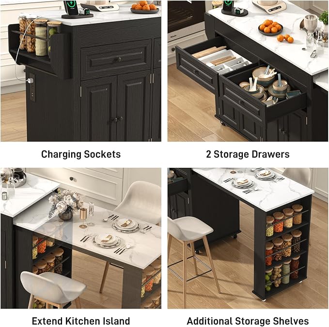 80"-48" Extendable Kitchen Island with Extended Dining Table and Power Outlet,Large Mobile Kitchen Storage Islands with 2 Storage Drawers,Rolling Islands Cart with 3 Extra Rows Open Shelves(Marble Bl)