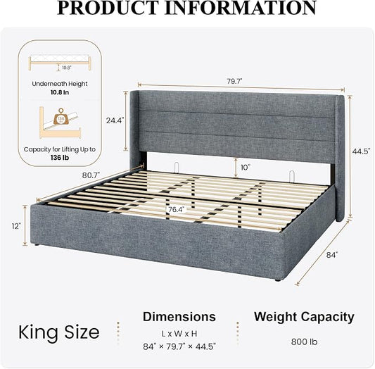 SHA CERLIN King Size Lift Up Storage Bed/Modern Wingback Headboard/Upholstered Platform Bed Frame/Hydraulic Storage/No Box Spring Needed/Wood Slats Support/Grey Blue