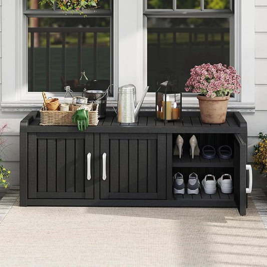 Outdoor Shoe Bench, Weatherproof UV Protected Resin Entryway Shoe Storage Cabinet with 3 Doors, Multipurpose Shoe Organizer Seat for Porch Patio Hallway Indoor Bedroom, Matte Black