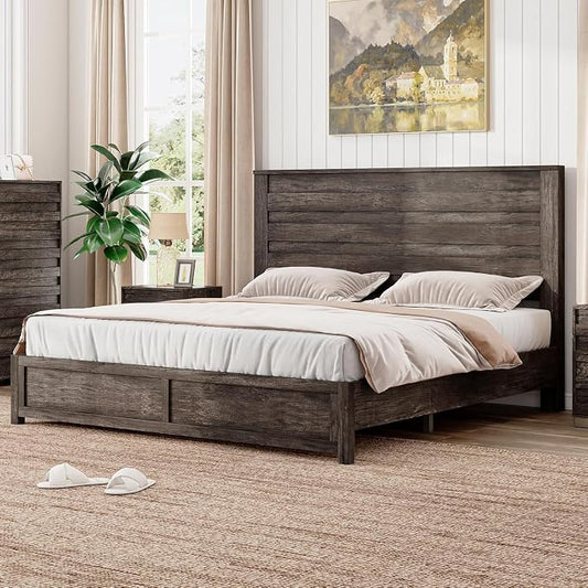 LUXOAK 2 Pcs Bedroom Furniture Sets - Includes 1 X Farmhouse 6 Drawers Dresser, 1X Farmhouse Queen Size Bed Frame with 49" Tall Headboard, Wooden Platform Bed with Hidden Metal Bed Frame, Rustic Grey