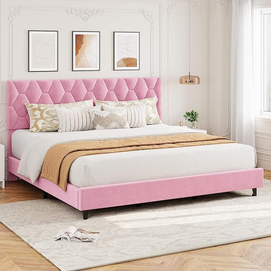 GAOMON CaliforniaKing Bed Frame with Upholstered Headboard, Heavy-Duty Platform Bed Frame with Strong Wood Slats, No Box Spring Needed/Noise Free/Easy Assembly,Pink