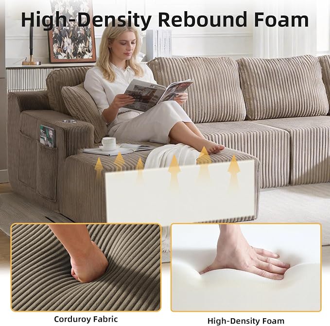 130" U-Shaped Modular Sectional Sofa with Chaise, Boneless Corduroy Flexible Module Seating for Living Room, Cloud Couch with Cup Holders and Side Pockets, No Assembly (Taupe)