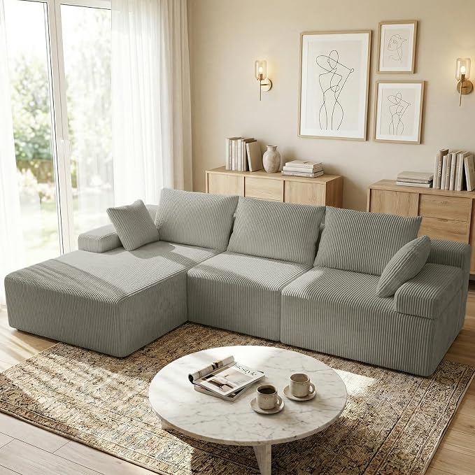 kinmars 108" Boneless Sectional Couch,Corduroy Cloud Couch Sectional for Living Room,Modern L Shaped Modular Sectional Couch,3 Seater Sofa (Camel, 108.9" L Shaped with Left Facing Chaise)