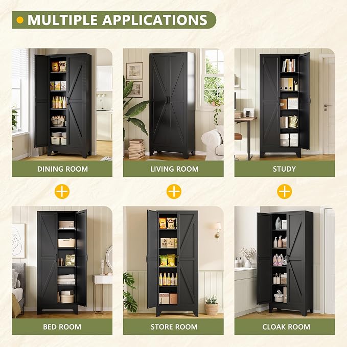 RAVIGIN Farmhouse Storage Cabinet,75" H Metal Pantry Cabinet with Barn Doors and Adjustable Shelves,75" H 6-Tier Rustic Pantry Organizers for Kitchen,Dining Room,Black