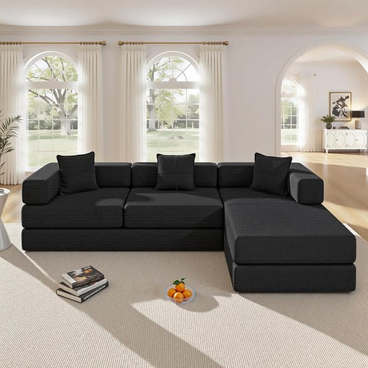 ivoros 108" Oversized Convertible Sleeper Sofa Bed, Corduroy L Shape Sectional Couch, Folding Sofa Bed with Fixed-Shape Frame, Modern Cloud Floor Mattress Couch, Modular Sofa for Living Room, Black