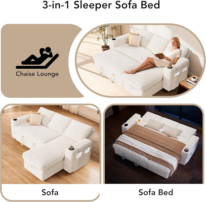 Sunny Heart L-Shaped Sleeper Sofa with Pull Out Bed, 82" Sectional Couch with Reclining Backrest, Reversible Storage Chaise, Armrest Storage, Cup Holders, and Side Pockets, Tool-Free Assembly, Beige