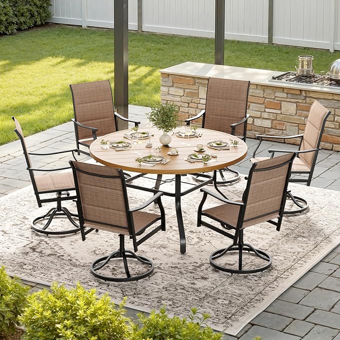 Soohow Outdoor Dining Set for 6, 7-Piece Patio Table and Chairs Set, 6 x Swivel Patio Dining Chairs and 47" Wood-Like Round Outdoor Table with 1.57" Umbrella Hole for Backyard, Poolside
