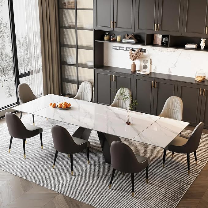 Marble Expandable Table for 8-12 People, 78.74-110.24 Inch Adjustable Length, Heat Resistant Scratch-Resistant Sintered Stone Table Top for Kitchen Dining Room Family Party