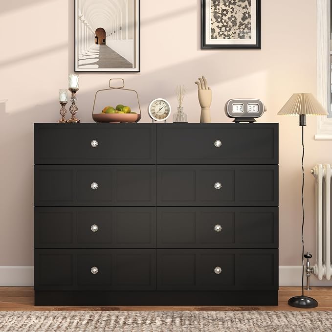 8 Drawer Dresser for Bedroom: 47" Fluted Black Dresser Deep Drawers, Modern Chest of Drawers for Bedroom, Fluted Wood Dressers for Living Room, Hallway