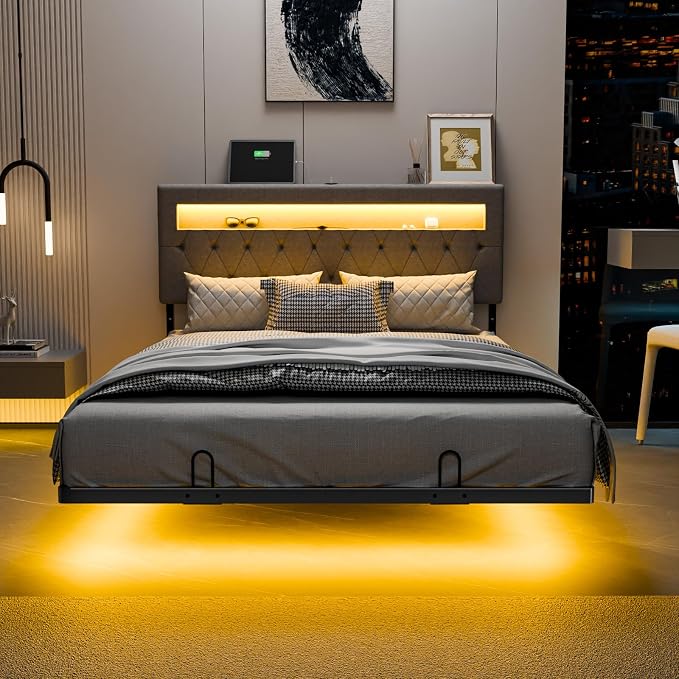 VINGLI Full Size Floating Bed Frame with LED Lights, Adjustable Velvet Upholstered Bed with Charging Station, Modern Metal Full Bed, Easy Assembly, No Box Spring Needed, Grey