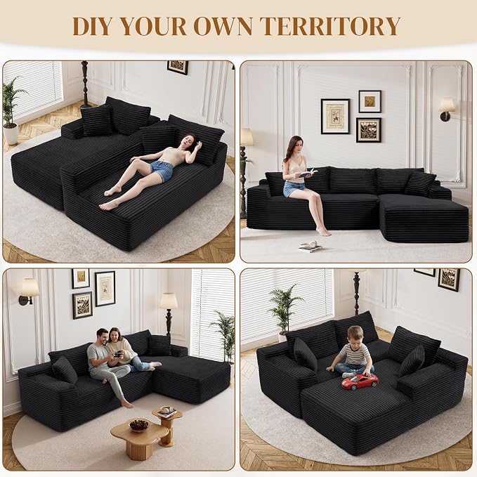 95" L Shaped Boneless Sectional Couches, Wide Armrest, Deep Seat, Memory Foam, Assembly Free, Modern Comfy Corduroy Fluffy Cloud Sofa with Right Chaise for Living Room, Small Spaces, Black