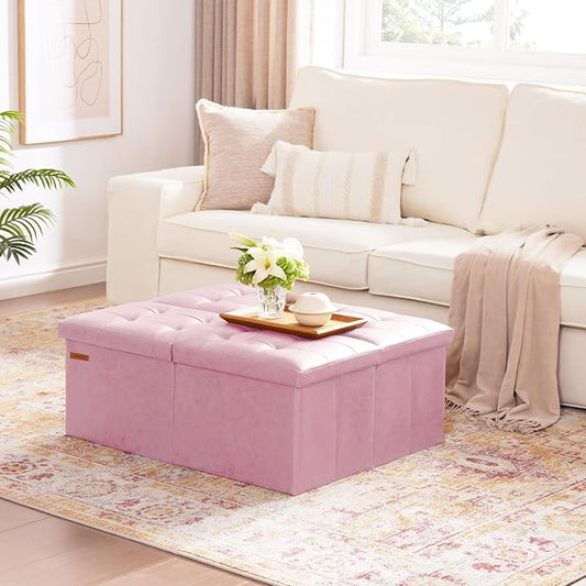 HAUSFRAU 31.5 Inches Ottoman with Storage Bench, Folding Ottoman Bench Small Foot Rest Stool, Bedroom Bench with Flipping Lid, Faux Leather Pink