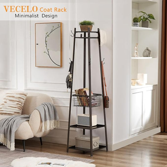 VECELO Coat Rack Freestanding,Hall Tree with Metal Basket and Storage Shelves,Industrial Coat Rack Stand with 8 Hooks for Hanging Coats/Hats/Bags/Umbrellas,18 x 18 x 72 In,Matte Black